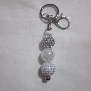 White and Silver Beaded Keychain | Bag Charm.